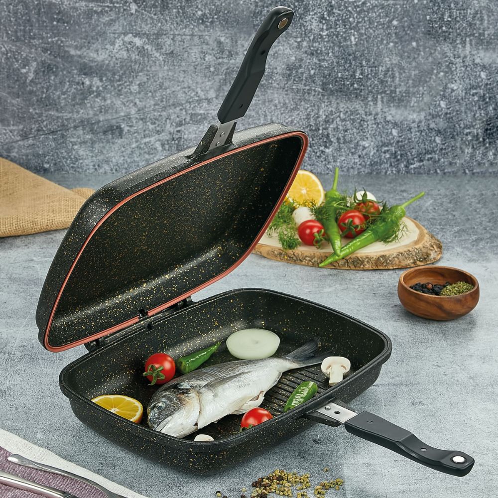 IRON POELE DOUBLE FACE RECTANGLE REVETEMENT GRANIT 36x26 CM NON INDUCTION