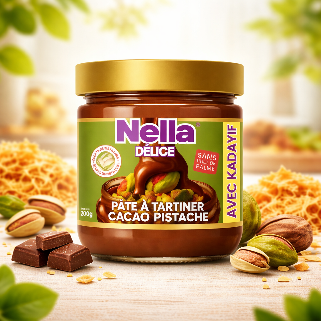 NELLA PÂTE A TARTINER CACAO PISTACHE AVEC ECLATS ET KADAYIF 200 GR