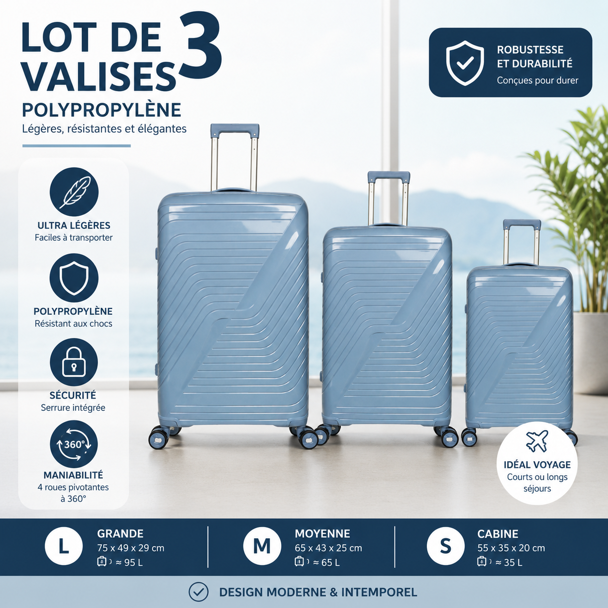 Lot de 3 Valises Polypropylène Légers et Robustes