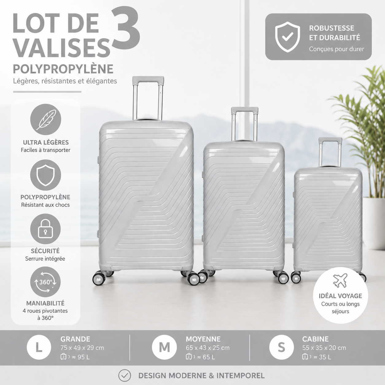 Lot de 3 Valises Polypropylène Légers et Robustes
