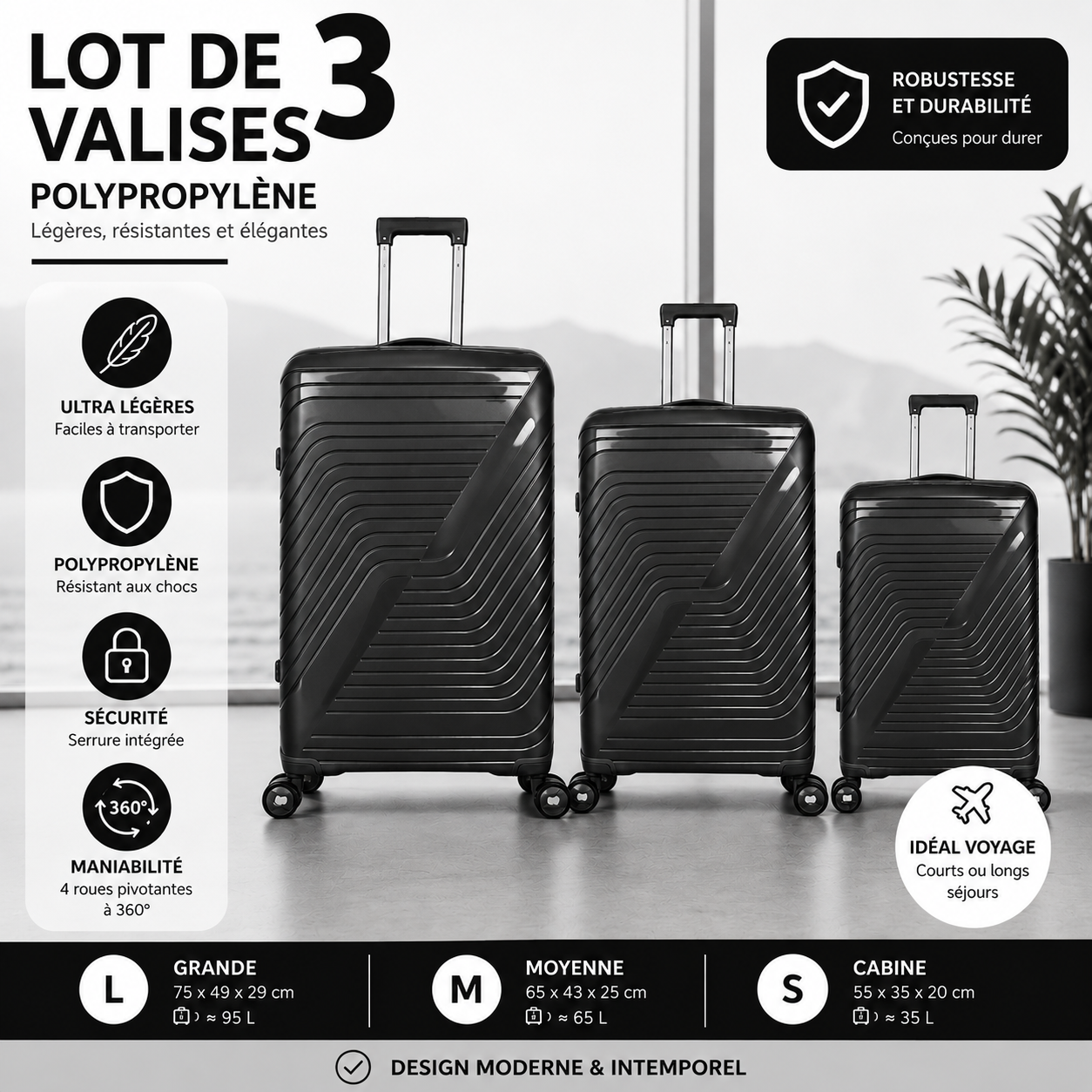 Lot de 3 Valises Polypropylène Légers et Robustes