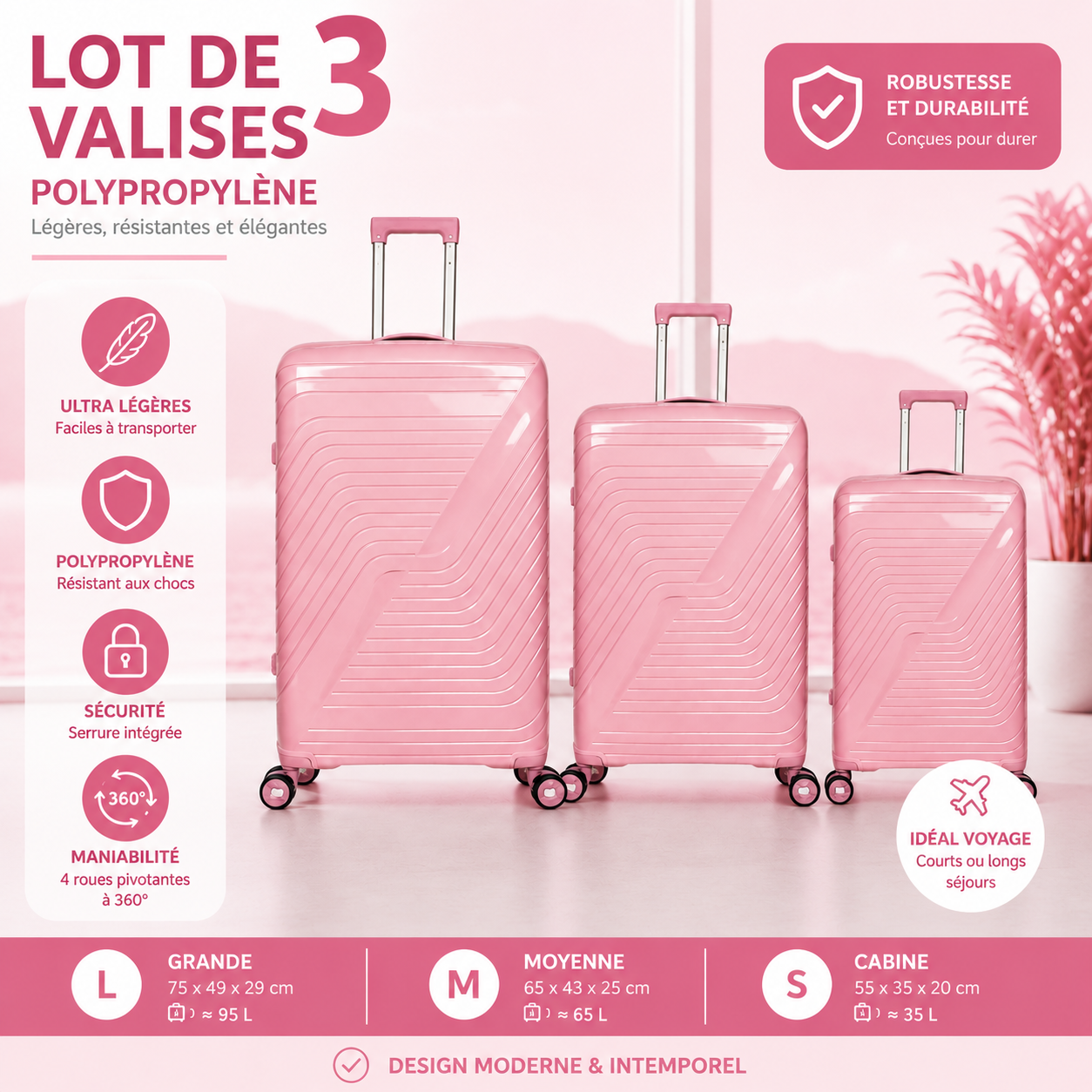Lot de 3 Valises Polypropylène Légers et Robustes