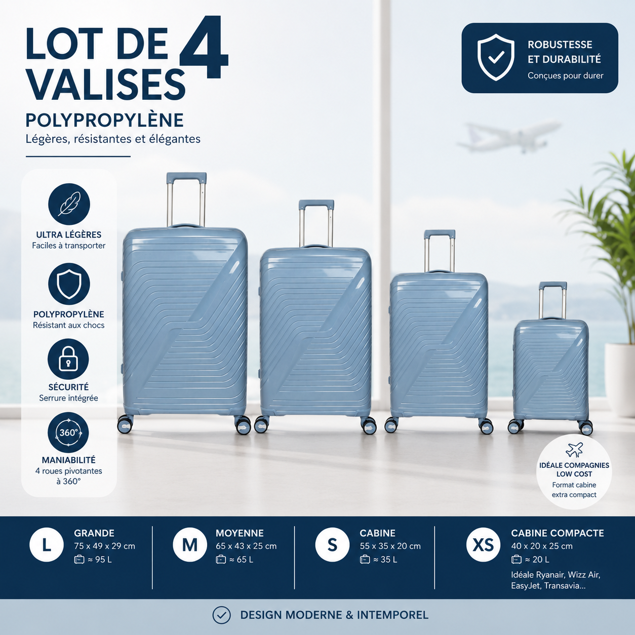 Lot de 4 Valises Polypropylène Légers et Robustes