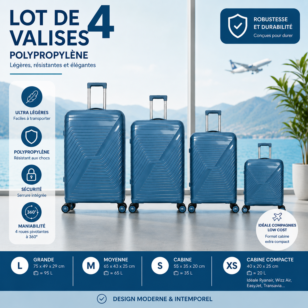 Lot de 4 Valises Polypropylène Légers et Robustes