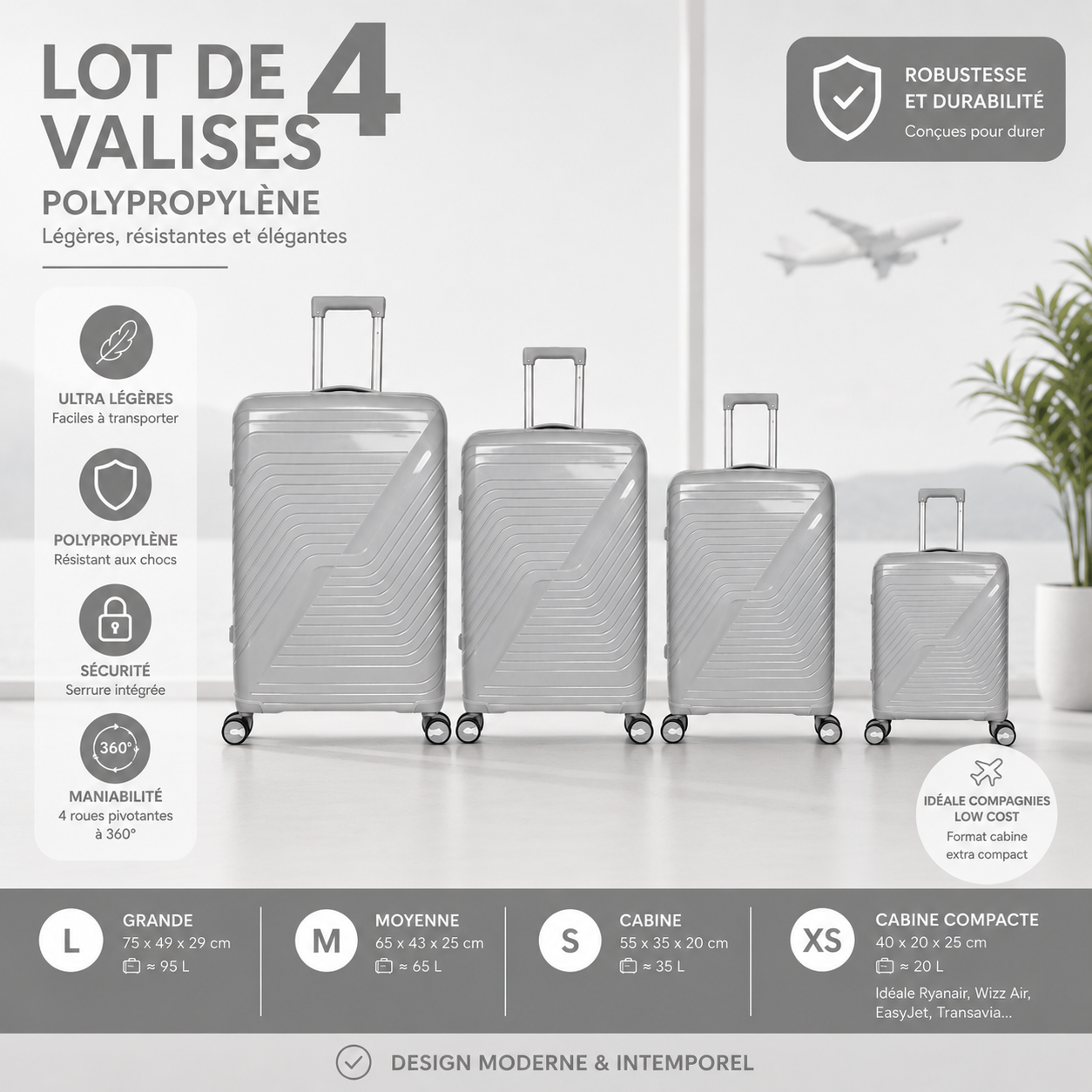 Lot de 4 Valises Polypropylène Légers et Robustes
