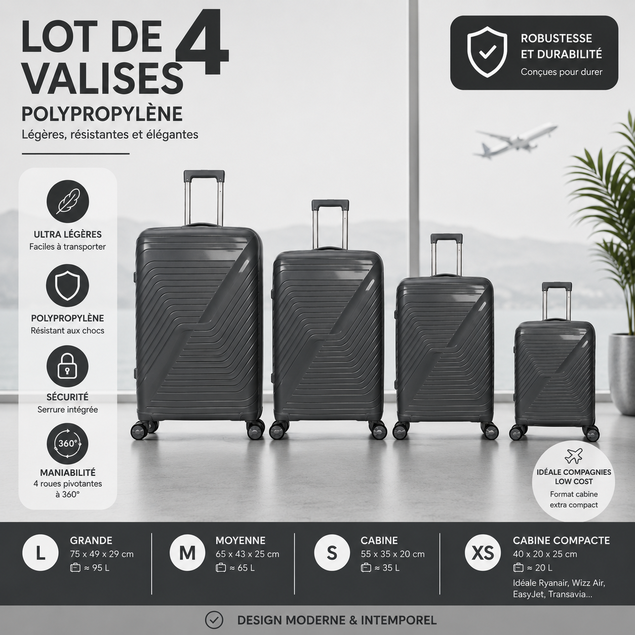 Lot de 4 Valises Polypropylène Légers et Robustes