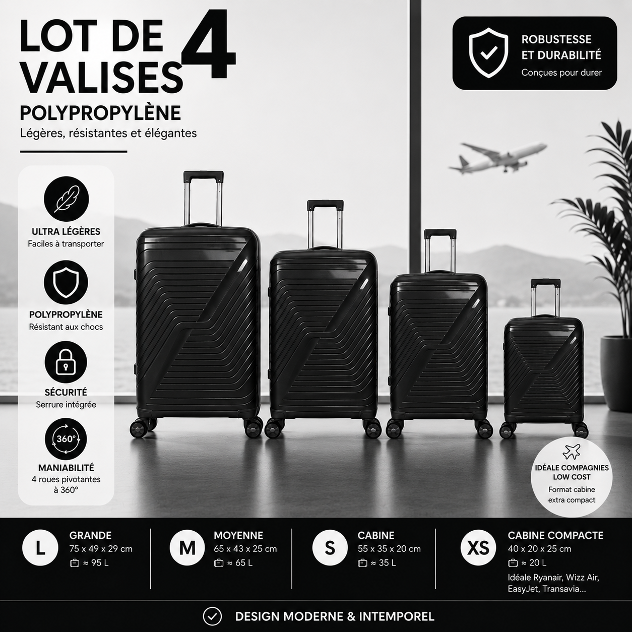 Lot de 4 Valises Polypropylène Légers et Robustes