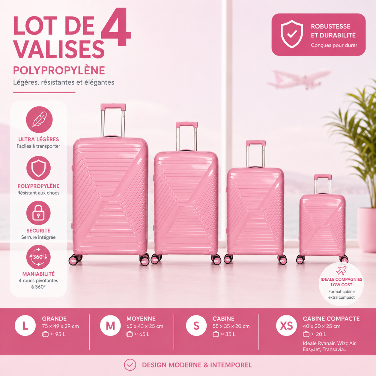 Lot de 4 Valises Polypropylène Légers et Robustes